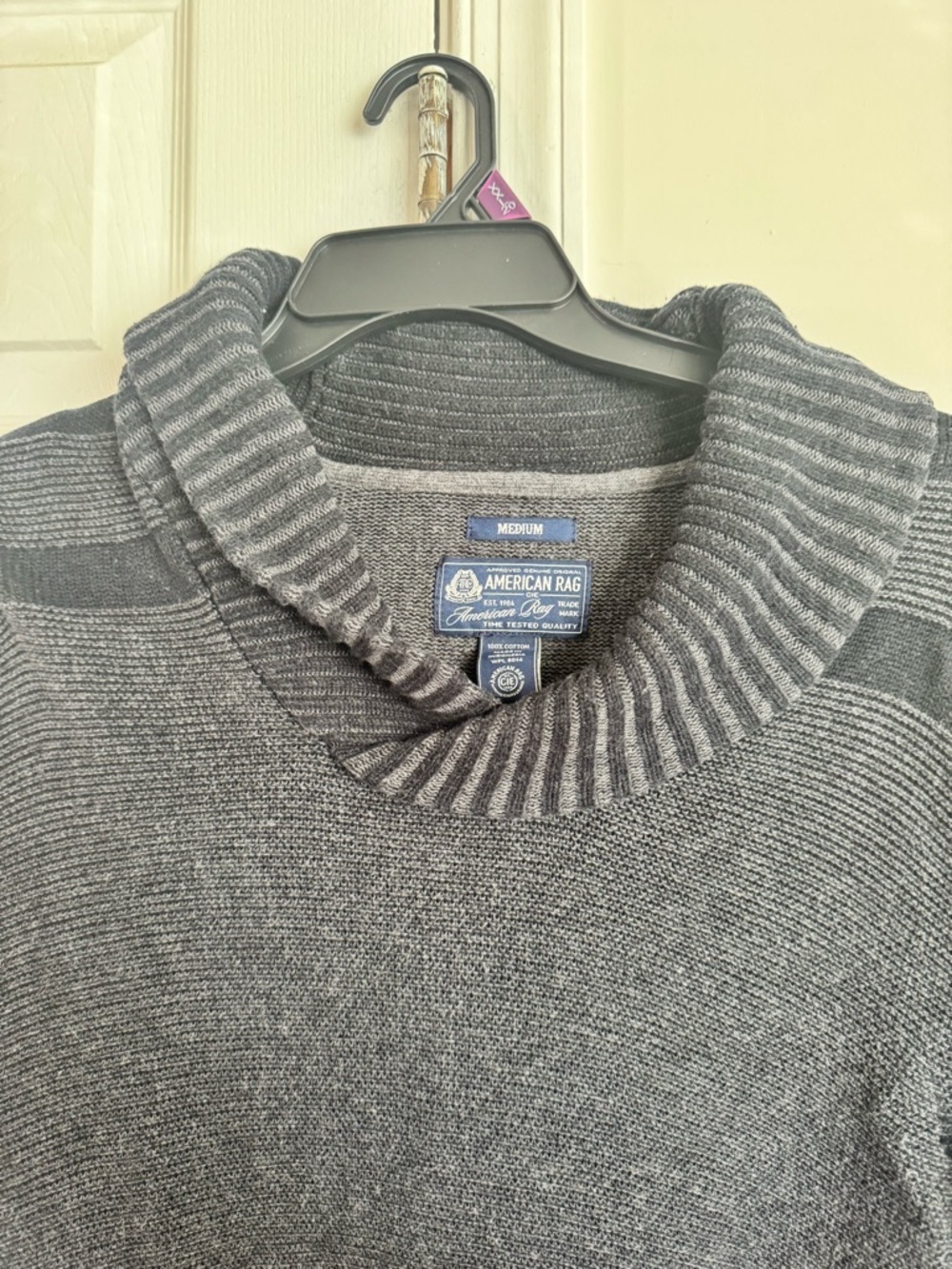 American Rag Cie Shawl Collar 100% Cotton Knit Sweater Gray Black Men’s M - Picture 5 of 11
